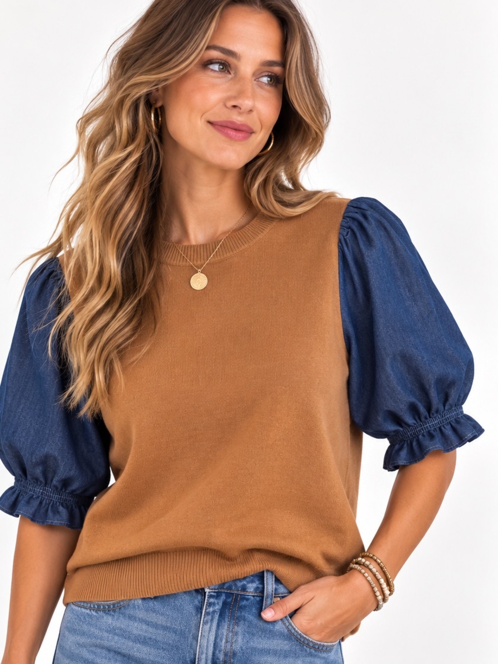 101.New Puff-Sleeve Sweater Tank in Camel and Navy